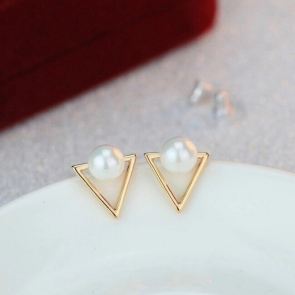 Gold Pearl Triangle Minimalist Earrings Stud